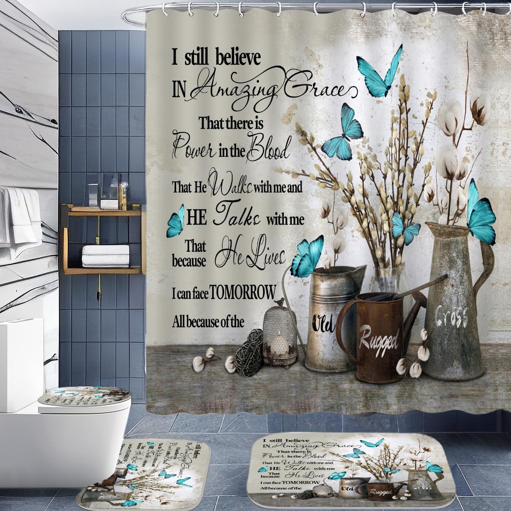 ALEXEX 4 PCS Floral Bible Verse Shower Curtain Sets,Inspirational Quotes Bathroom Set with Shower Curtain and Rugs and Accessories,Farmhouse Floral Blue Butterfly Shower Curtain Bathroom Decor 72 X 72