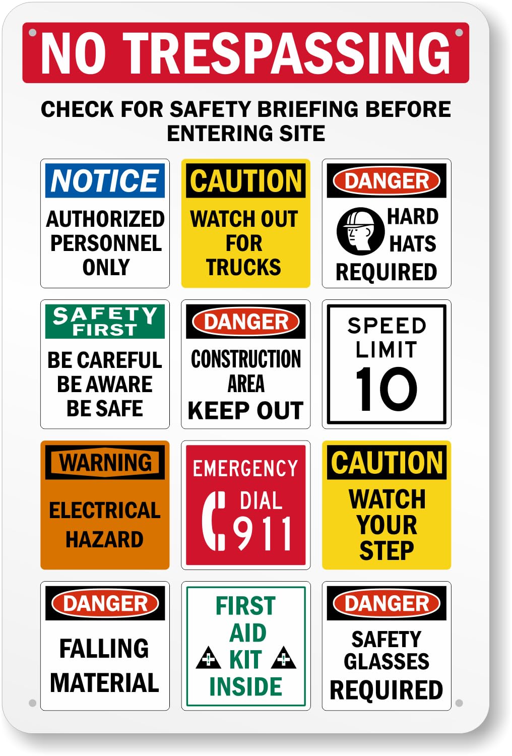 Construction Site No Trespassing Combined Sign, Worksite Integrated Safety Notice Metal Sign 8x12 Inch