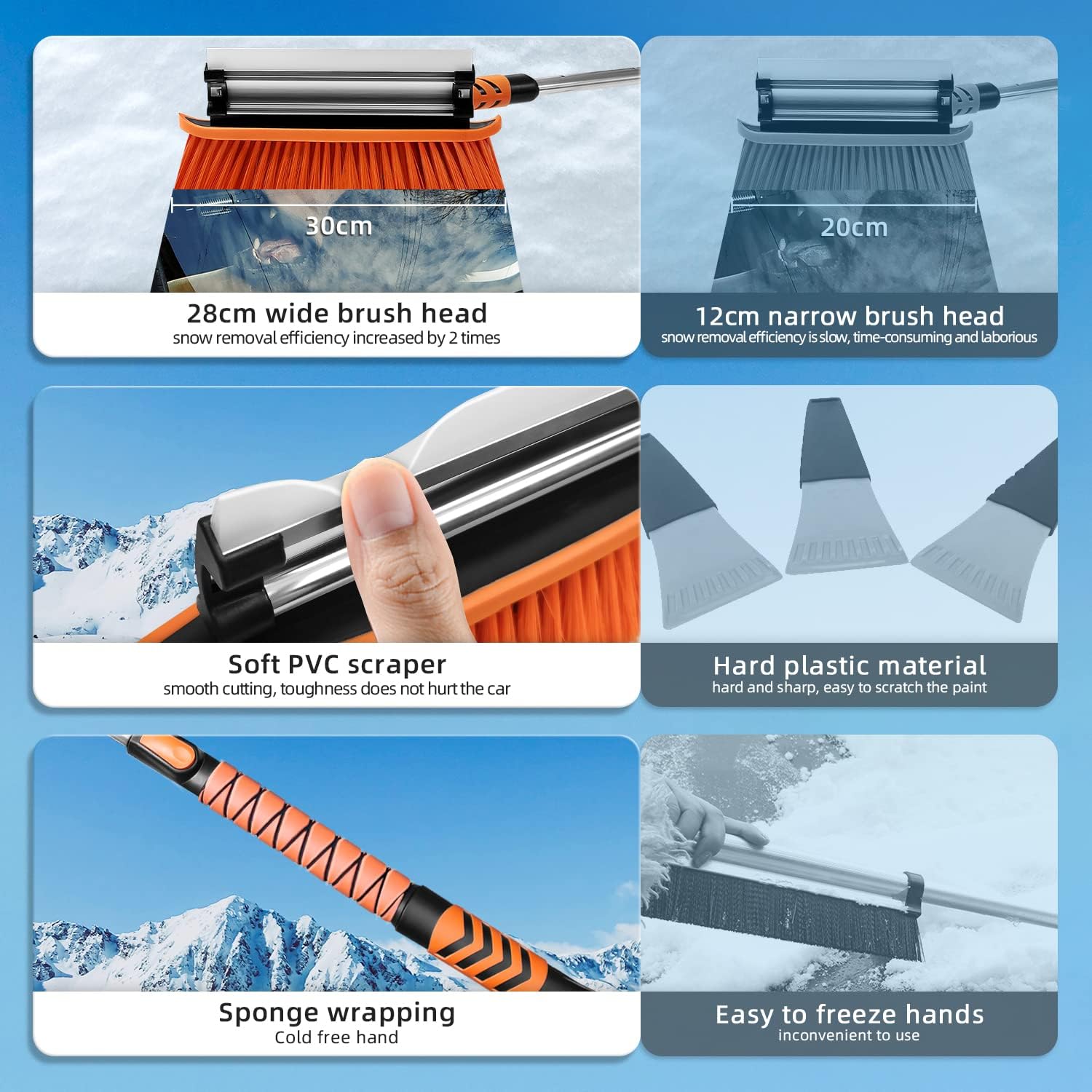34'' to 41'' Extendable Snow Brush, Ice Scraper for Car Windshield, Emergency Snow Shovel Snow Broom with Foam Grip 180° Pivoting Brush Head, Telescoping Snow Scraper for Car SUV Truck, Orange