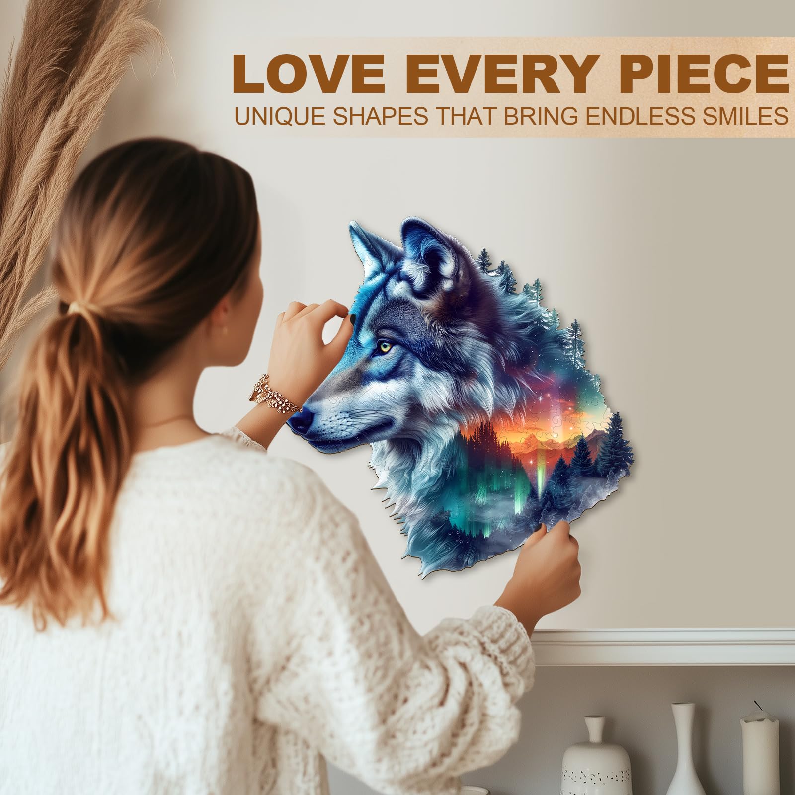 Puzzle en bois pour adultes - Loup aurore - L-190 pièces | Puzzle en bois de forme unique pour adultes, casse-tête en bois, puzzle en bois défi, 34 x 32,8 cm