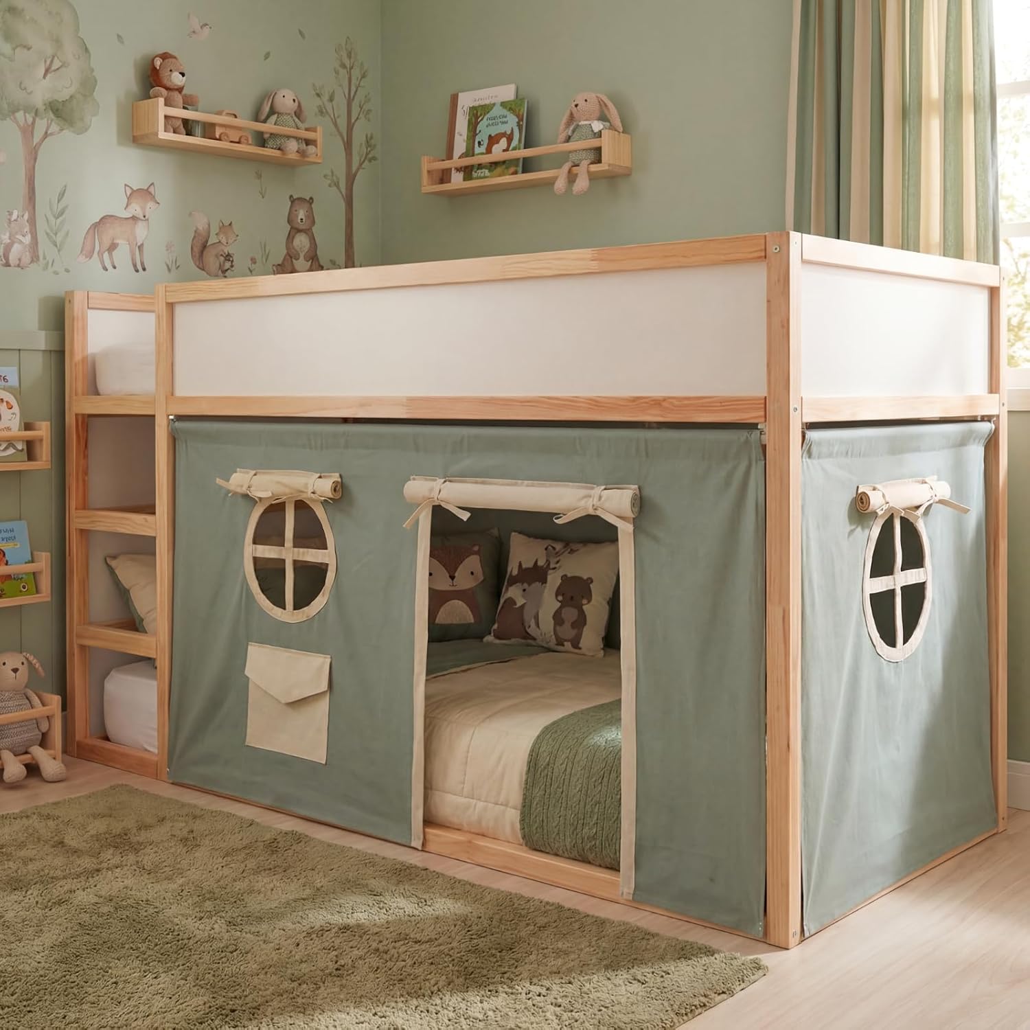 Low Bunk Bed Curtain Set - 2 Panel Underbed Peachskin Playhouse Loft Bed Privacy Play Curtains for Kids Bedroom Decoration Gift(Classic,Light Khaki)