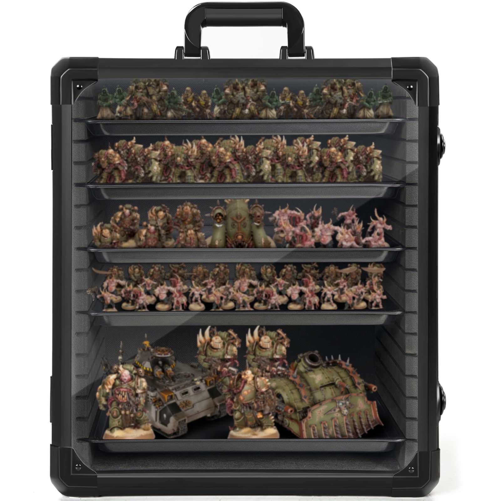 FREEAMG Miniatures Carry Case with Lock, miniature Storage Case with 6 Metal Trays & Aluminum Alloy Frame, Portable Miniature Transport case for Tabletop Gaming Miniatures, RPG Models (Large Black)