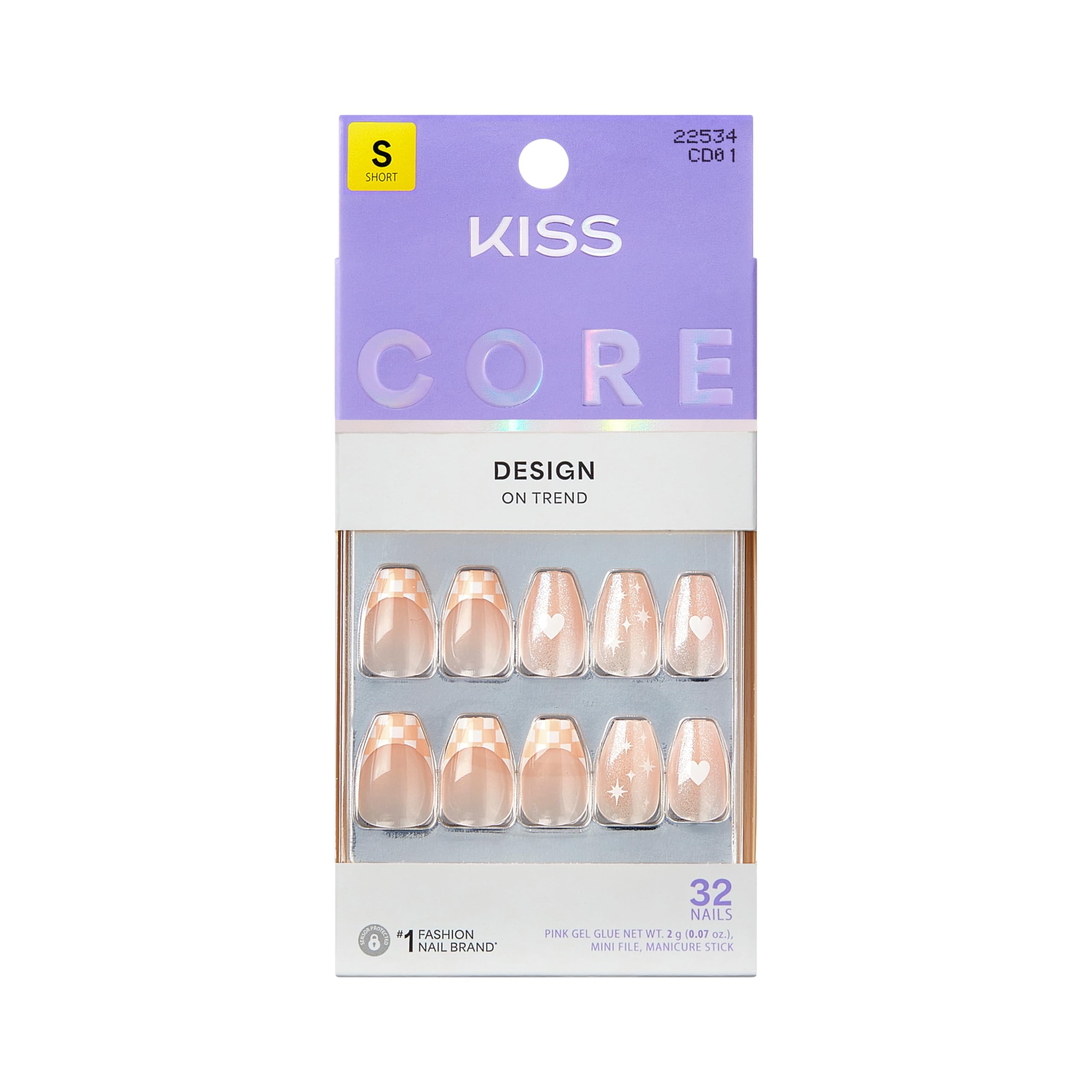 KISS CORE Design Press On Nails, ‘Cheers’, Pink, Short Coffin, 32 Count