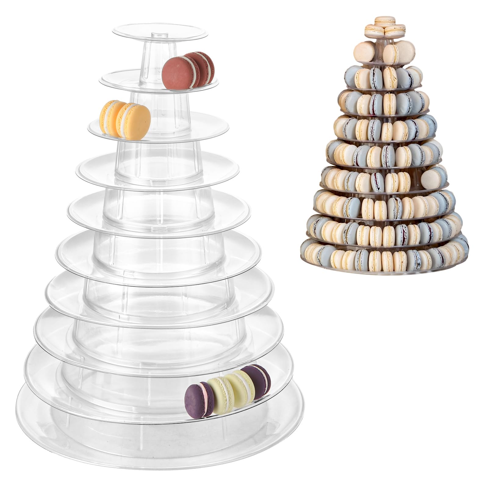 YAYODS Tour à macarons à 10 niveaux - Rond - Transparent - Présentoir à macarons en plastique - Pour mariage, anniversaire, fête prénatale