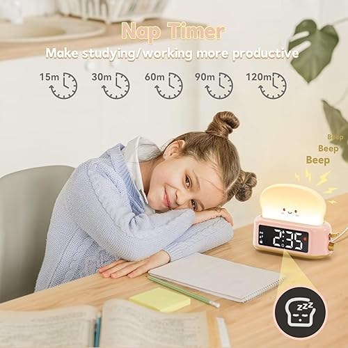Miniatura 6 de Reloj despertador para niños, reloj despertador digital para dormitorios, lindo reloj despertador con luz nocturna, temporizador, repetición, brillo