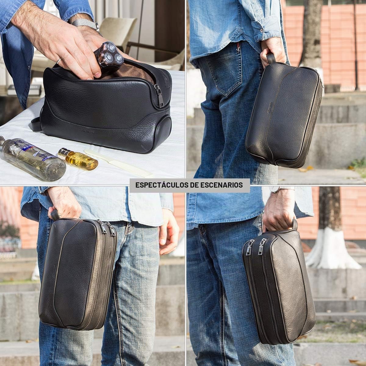 Contactos Hombre Bolsa de Aseo de Negocios de Viaje de Cuero de Vaca con Gran Capacidad Doble Cremallera