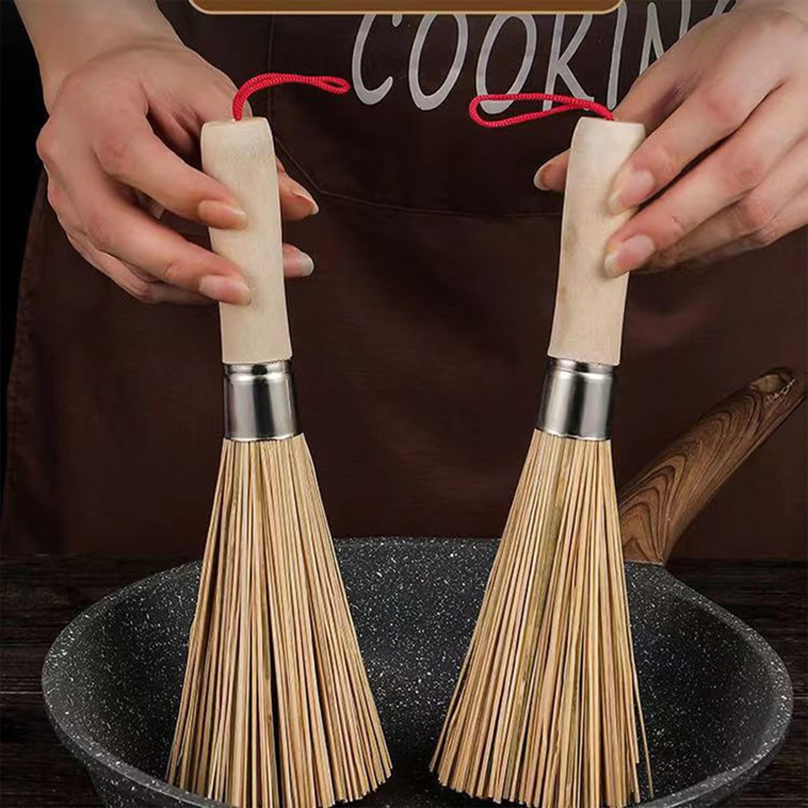 Set De 3 Brosses De Nettoyage En Bambou Pour Wok Et Ustensiles De Cuisine - Tête Droite Et Inclinée