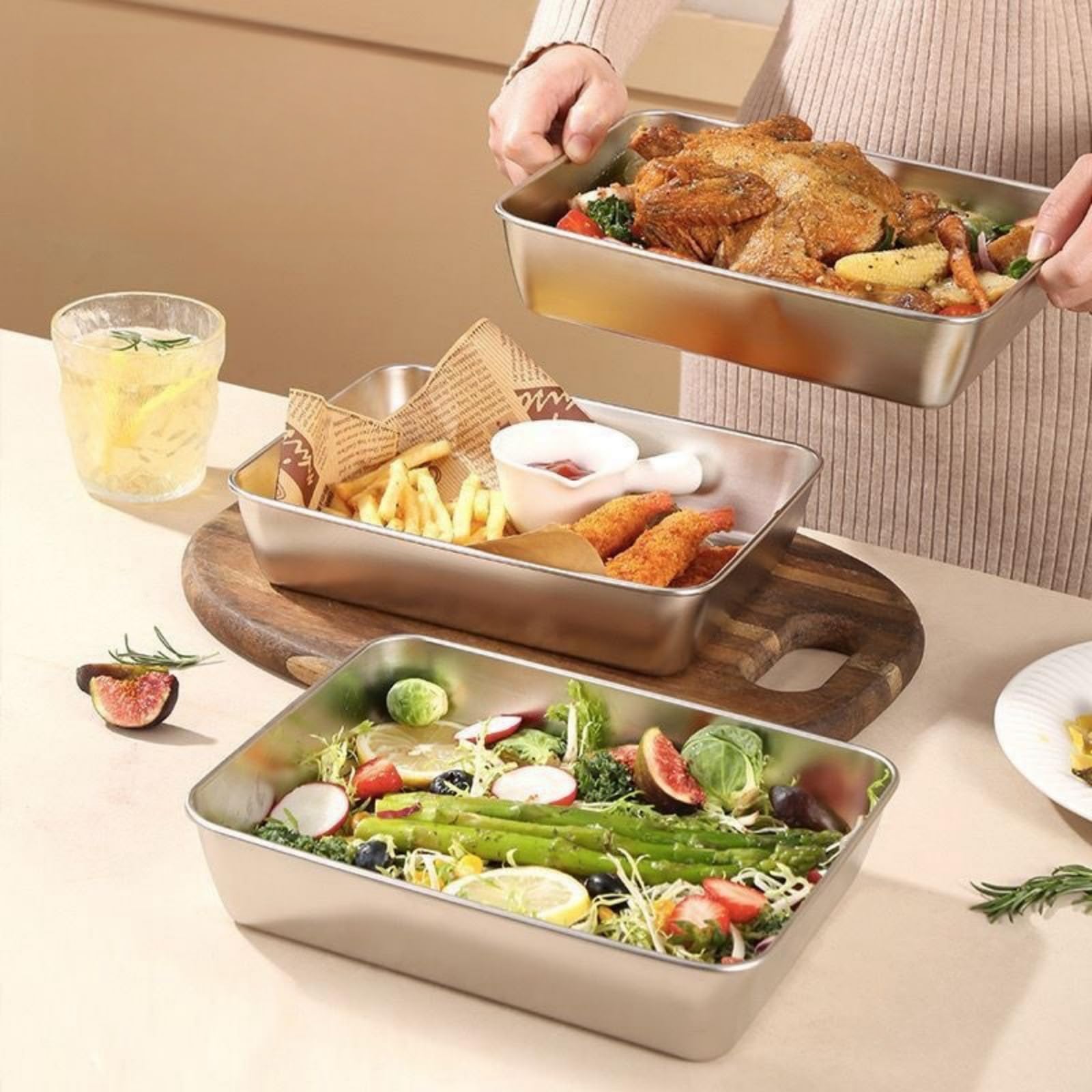 6 contenitori per alimenti con coperchio, in acciaio inox, per congelatore, con coperchi ermetici, adatti per forno e lavastoviglie (2200 ml)