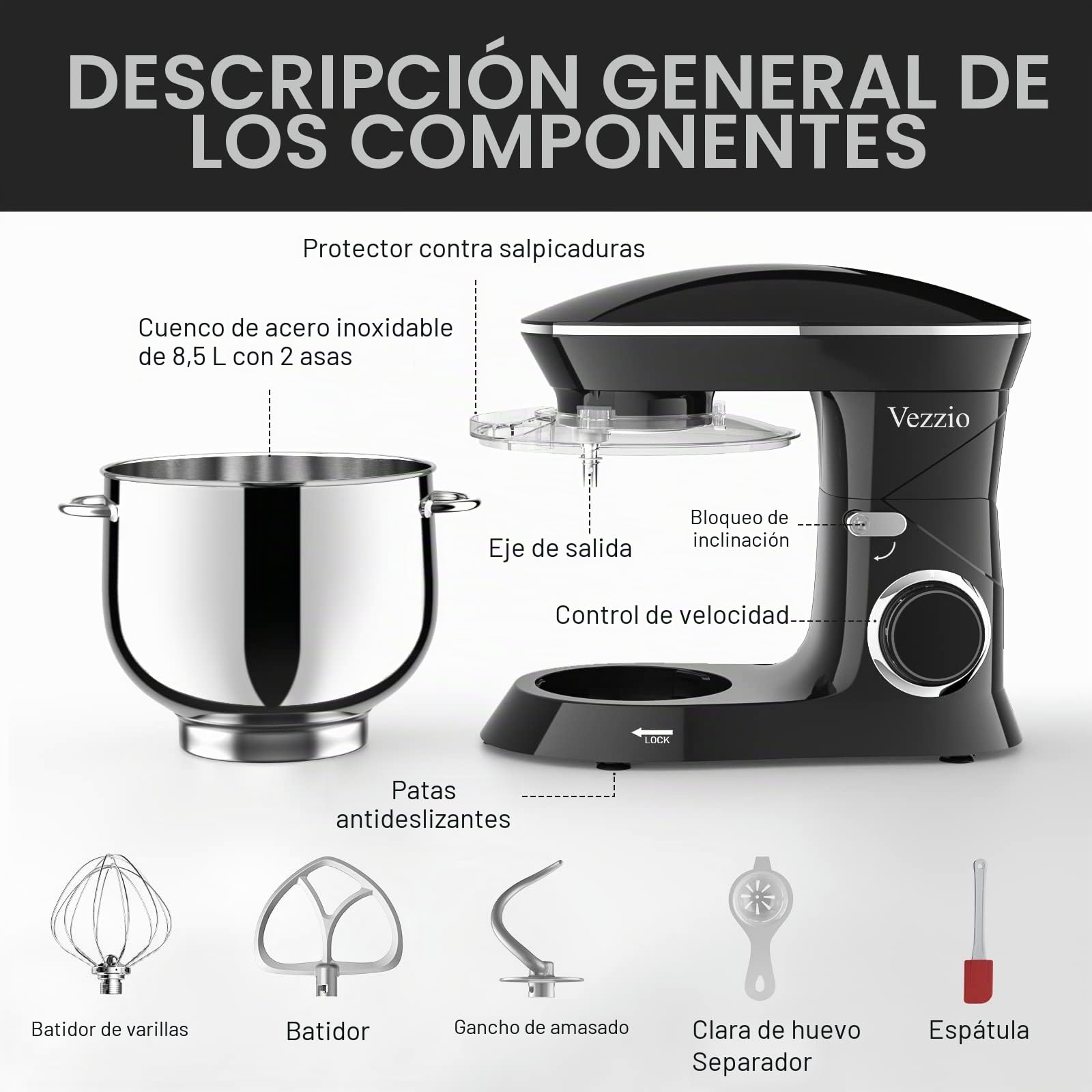 Batidora Amasadora Vezzio 8.5L Repostería Profesional 1500 W 6 Velocidades Robot de Cocina Batidora Multifunción Bajo Ruido Bol de Acero Inoxidabl, Amasador, Batidor y Varillas (Black)