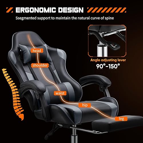 Miniatura 4 de Silla de juegos resistente, silla ergonómica para videojuegos para oficina en casa con reposapiés, soporte lumbar, respaldo ajustable, ruedas