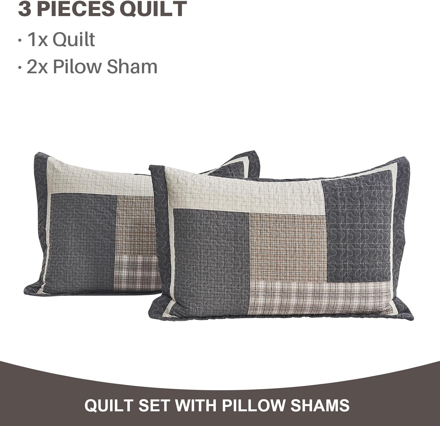 100% Cotton Queen Quilt Set, Queen Bedspreads with Pillow Shams, Farmhouse Plaid Patchwork, Lightweight Soft Quilted Comforter Bedding Set, 3 Piece, Beige/Gray/Brown-Green - Image 7