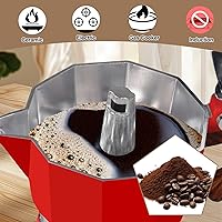 Vista 5 de Cafetera de aluminio con 3 tazas de 5.1 fl oz Moka Pot Express, estufa de café expreso, colorida cafetera italiana, estilo clásico, Greca Café, Rojo