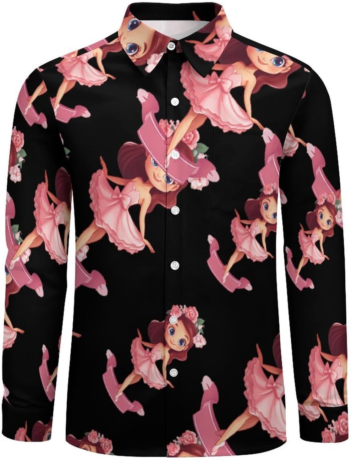 Ballet Dancers Flower Print Long Sleeve Shirts Casual Dress Shirt Button-down T-shirts for Men