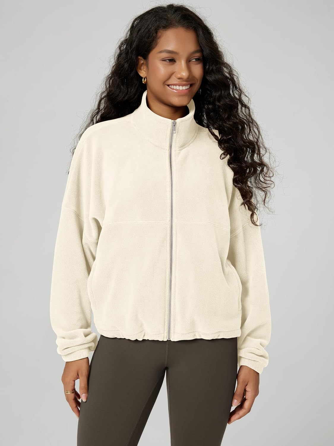 ODODOS Women's Polar Fleece Full-Zip Cinchable Jacket – Soft Warm Winter Layering Long Sleeve Outerwear with Pockets - Image 3