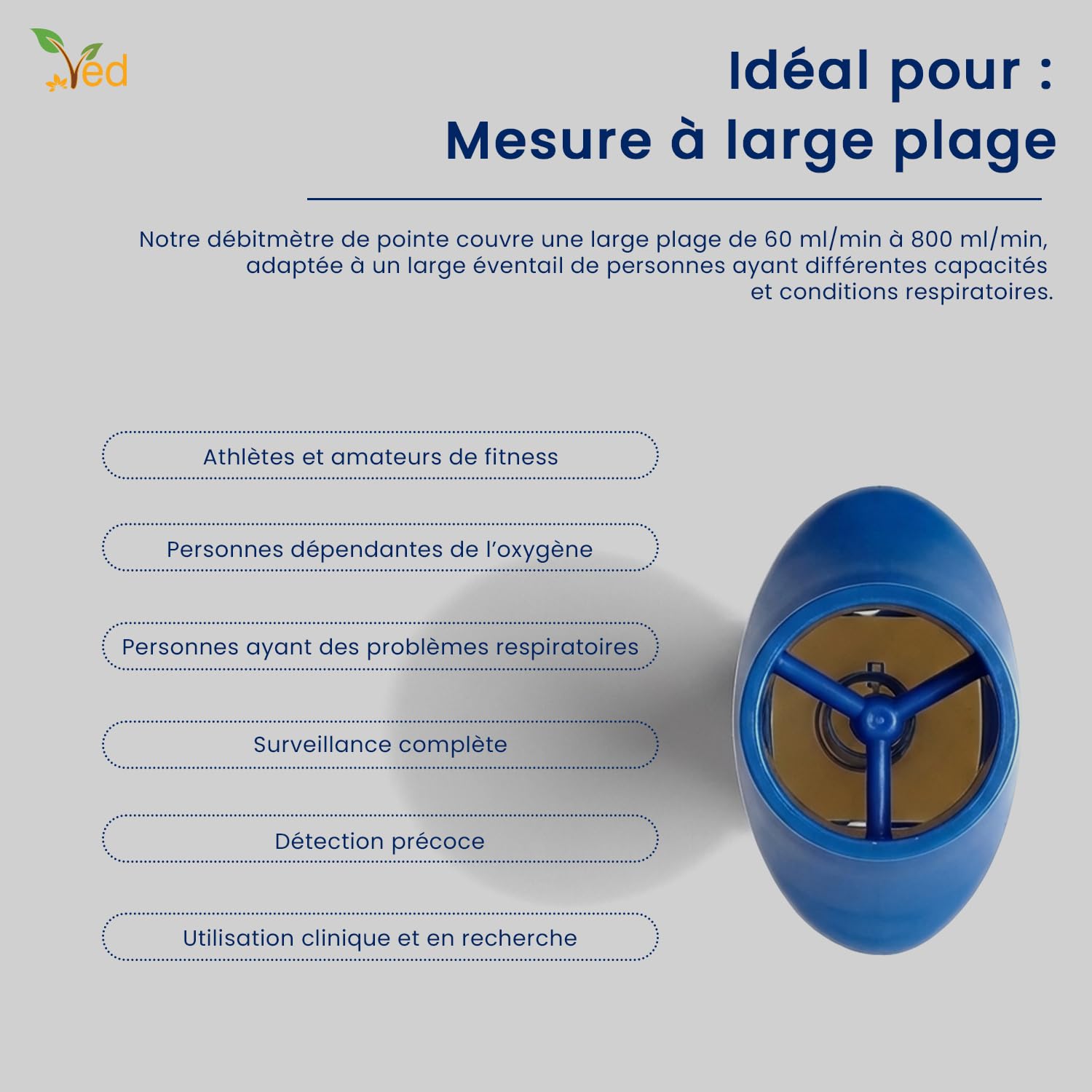 Débitmètre de pointe VED pour adultes, débitmètre expiratoire à plage standard pour la surveillance de la fonction pulmonaire, appareil portable de spirométrie pour l'entraînement respiratoire.