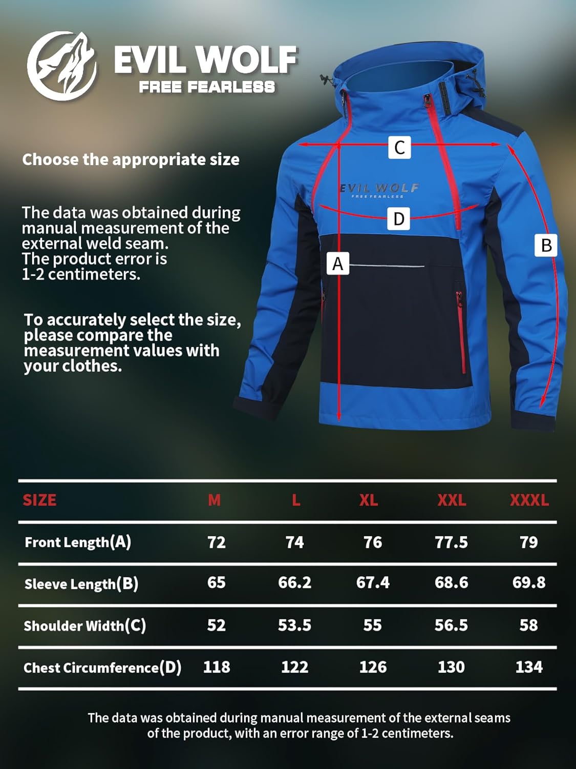 EVIL WOLF Men's Hooded Outdoor Jacket, Color Block Design, Asymmetric Zip Cardigan, Windproof & Waterproof - Image 6