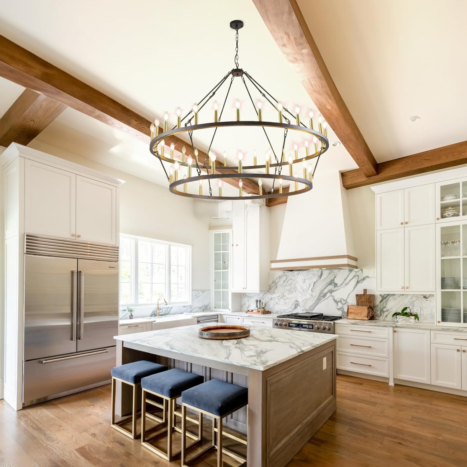 WJShome Elevate Your Dining Experience with a 57 Inch Black and Gold Wagon Wheel Chandelier - Gorgeous 2 Tier, 48-Lights for Farmhouse Dining Rooms & Grand Entryways - Ideal for High Ceilings!