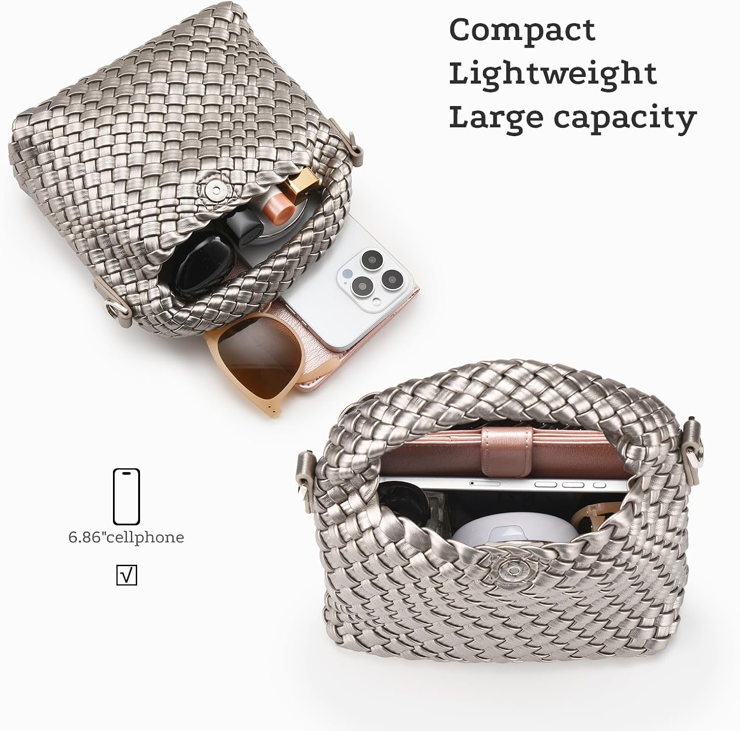 Woven Crossbody Bag for Women, woven purse Leather handbag mini Hobo Bag (Silver grey) - Image 6