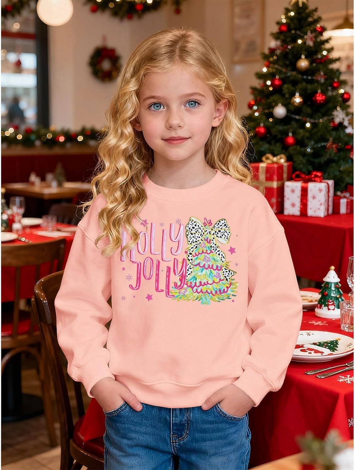 GLIGLITTR Kids Girls Christmas Sweatshirt Holly Xmas Jolly Long Sleeve Outfits Shirt Xmas Tree Holiday Crewneck Pullover Tops