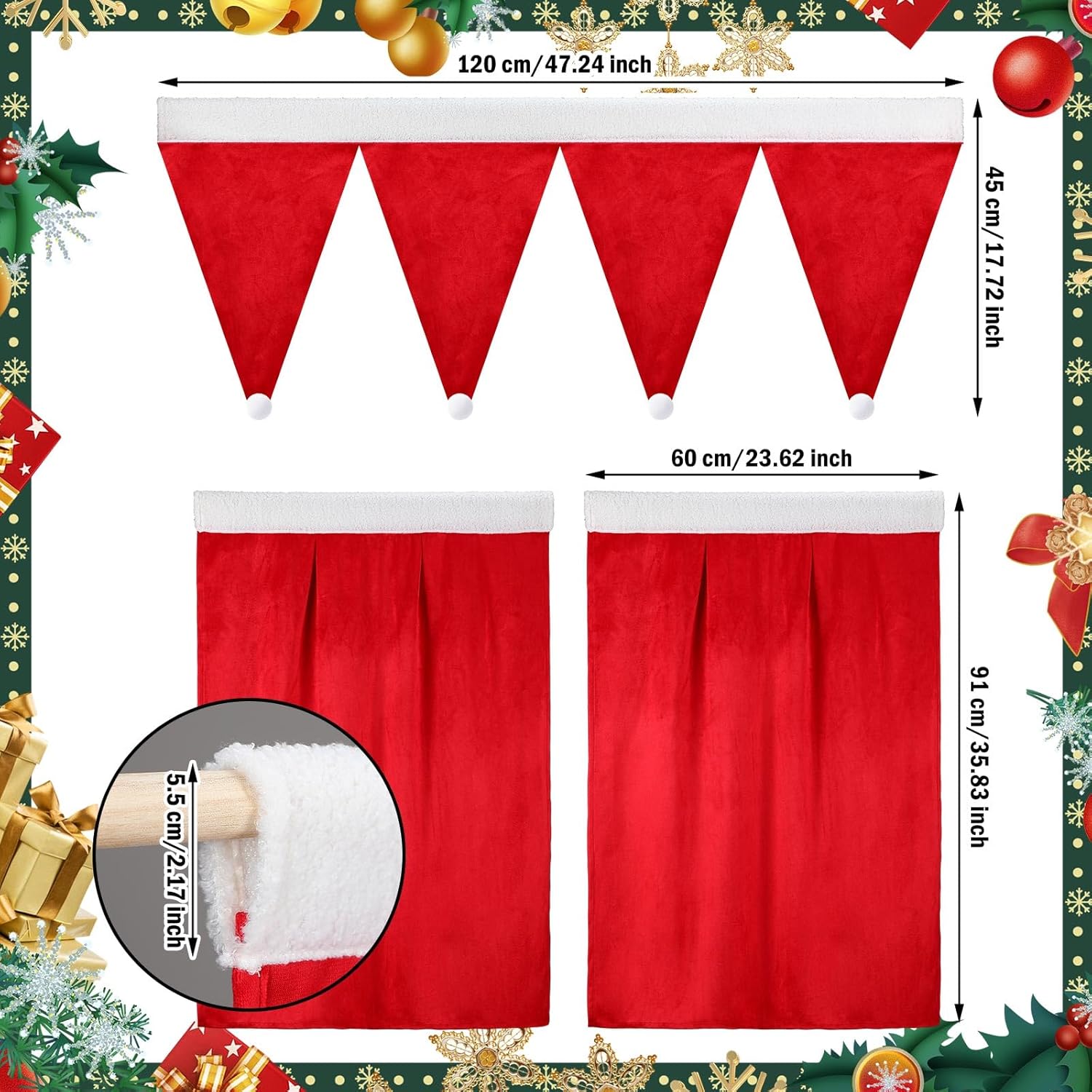 Christmas Kitchen Curtains Valances Set 3pcs Red Kitchen Window Curtains Valances Santa Hats Short Window Drapes Rod Pocket Cafe Tier Curtain Panels for Bathroom Home Living Room Xmas Decorations