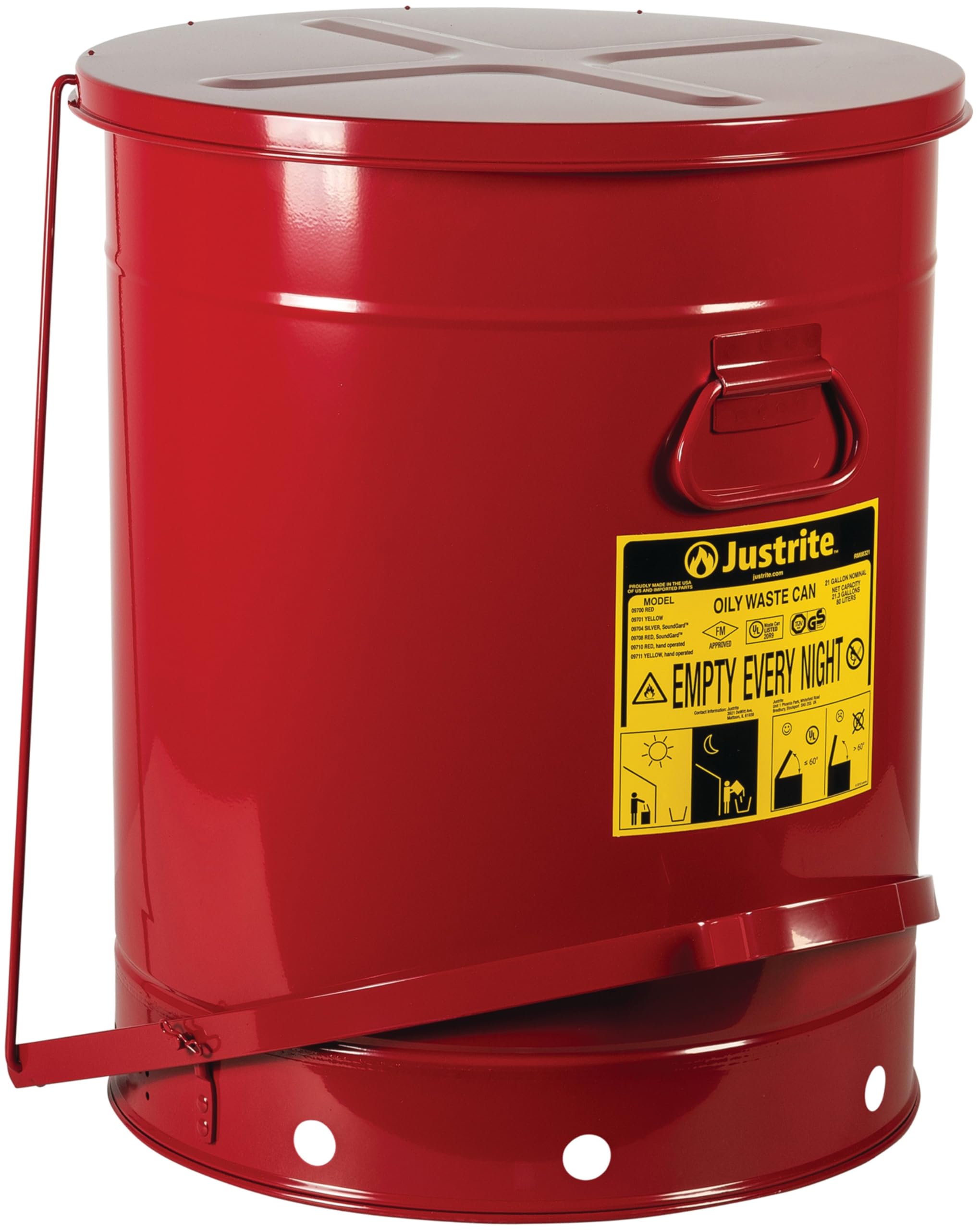 Justrite 09700 rifiuti oleosi di sicurezza in acciaio zincato con leva per piede, capacità 80 L, diametro x 18-3/20,32 cm (8") 23-7/H (16 40,64 cm, colore: rosso