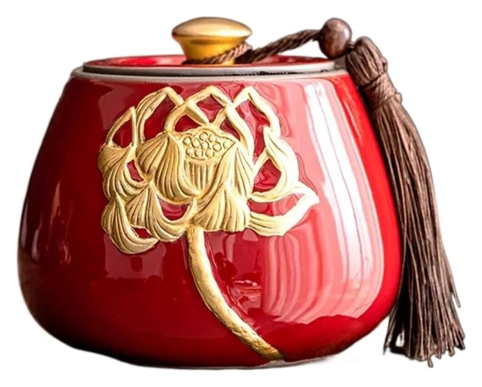 Vintage ceramiczny pojemnik na herbatę, do przechowywania w kuchni, porcelanowy słoik ze złotym wzorem lotosu (czerwony)(Red)