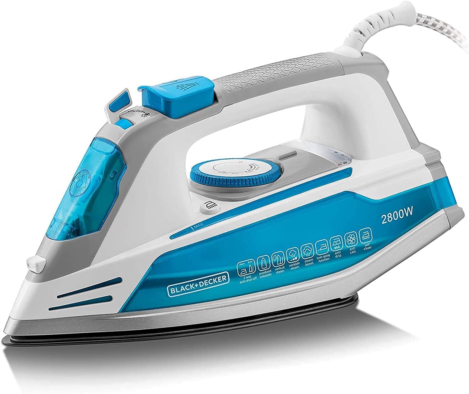 Black+Decker 2800W 2 way Auto Shut-Off Anti Drip, Anodized Sole Plate Variable Steam Iron, Blue - X2800-B5, 2 Years Warranty