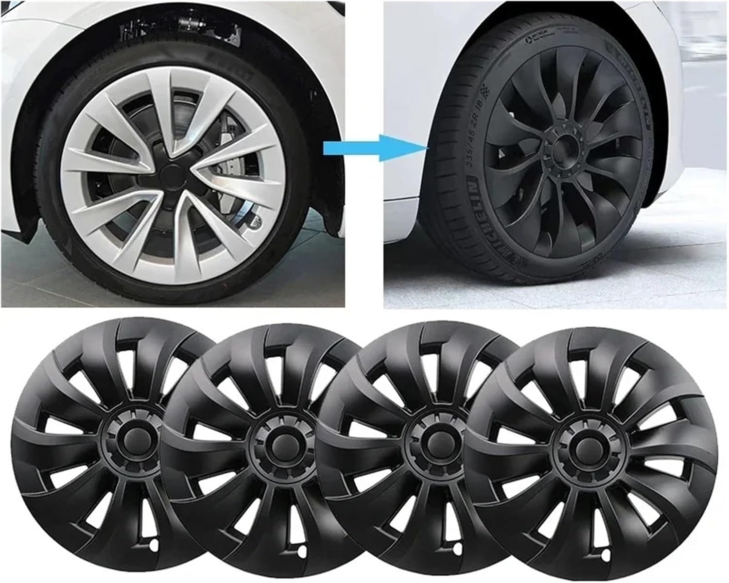 Compatible With Tesla Model 3 2020-2022 4PCS 19 inch Hub Caps Wheel Protection Hub Cover Ring Vehicle Car Exterior Tire Decoration(Gloss Black)