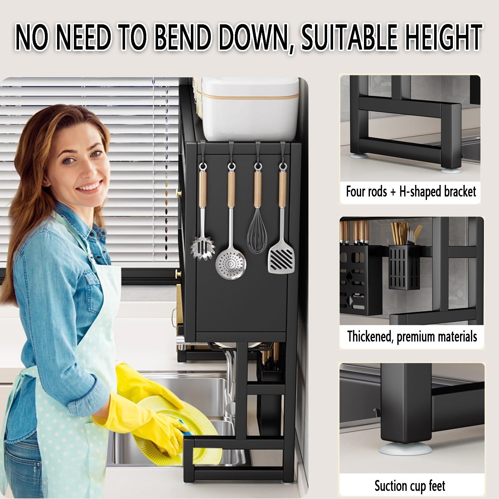 Escurridor de Platos Grande de Tres Niveles con Puerta abatible, Organizador de encimera de Cocina para Cubiertos, Estante de encimera de Metal Multifuncional Que Ahorra Espacio, con Asiento