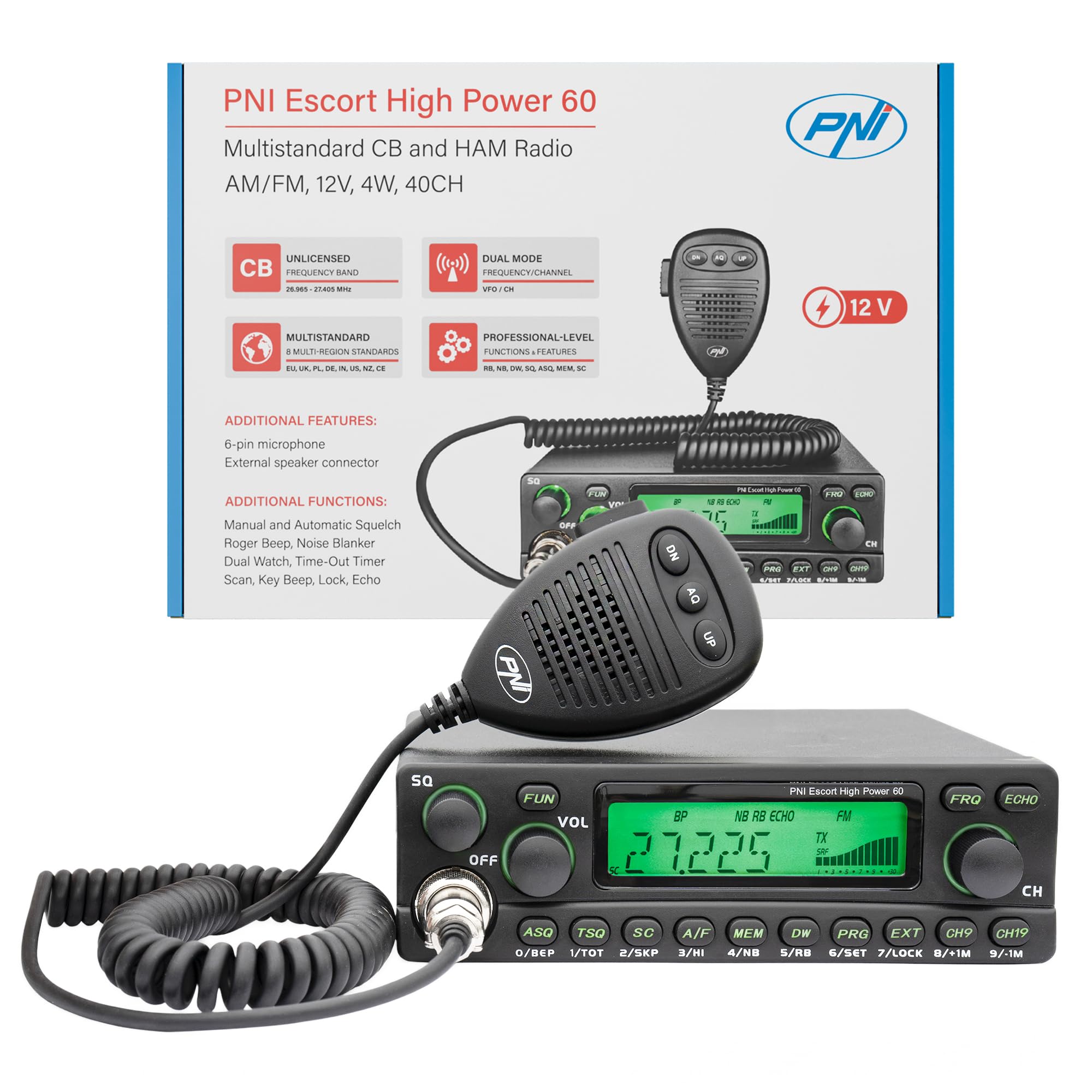 Stazione radio CB PNI Escort ad alta potenza 60 multistandard, 60 W FM/AM, 12 V, ASQ, guadagno RF