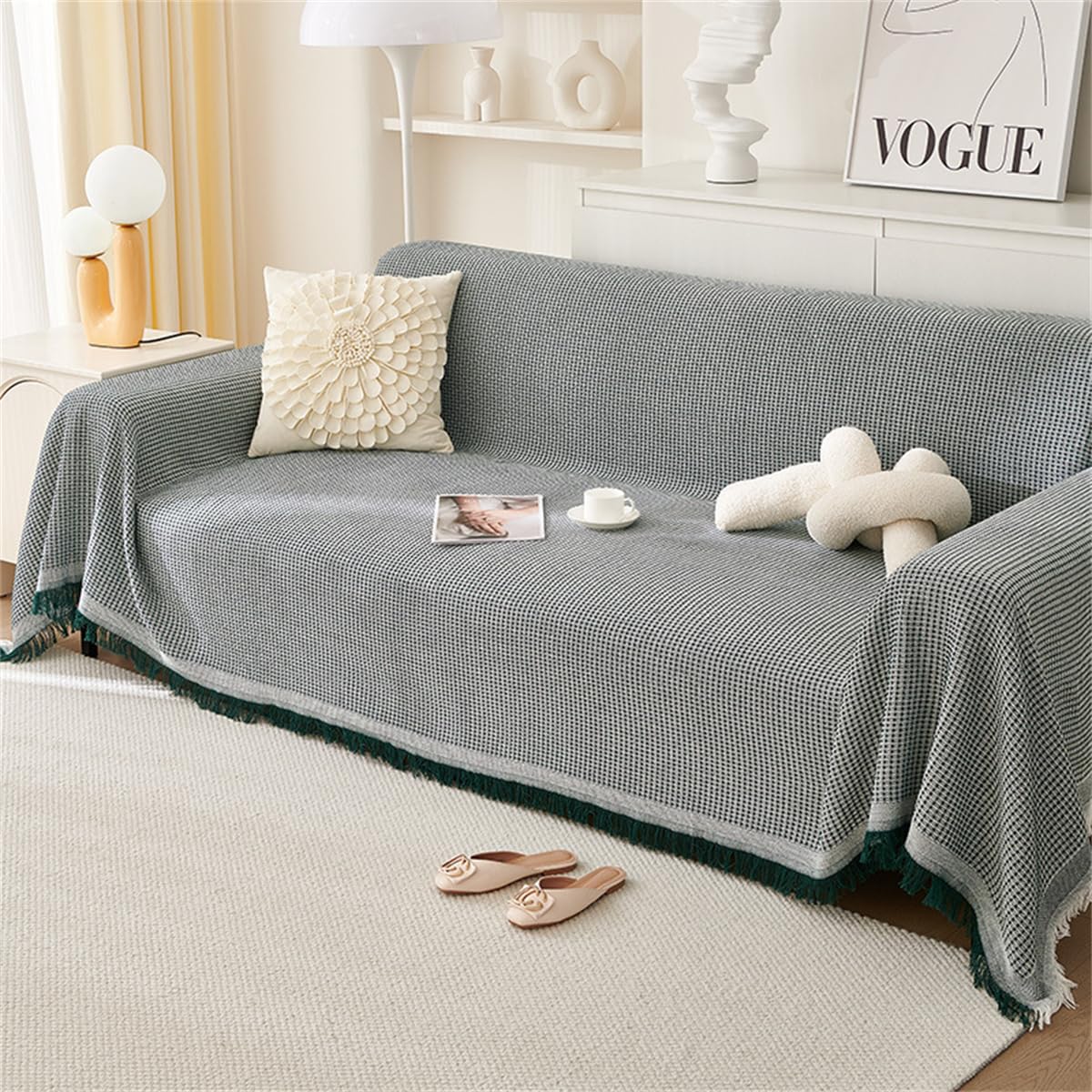 PEIHUODAN Large Waffle Sofa Blanket for Bed Plaid Sofa 1 2 3 4 Seater Solid Colours Sofa Blankets Bedspread Sofa with Tassels Plaid Reversible Bed for Sofa Seat Double Bed (Dark Green, 90 x 150 cm)