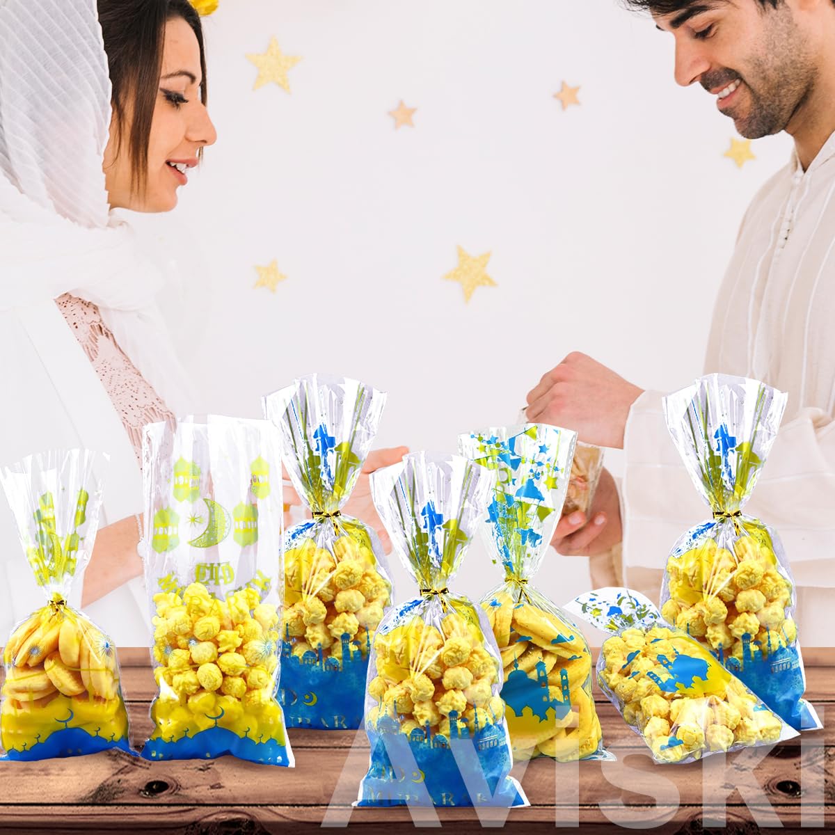 Aviski 150PCS Eid Mubarak Party Treat Bags, Ramadan Theme Printed Pattern Gift Bags Cellophane Clear Plastic Goodie Favor Bags with Silver Twist Ties for Eid Mubarak Party, 10.6 × 5.1inch