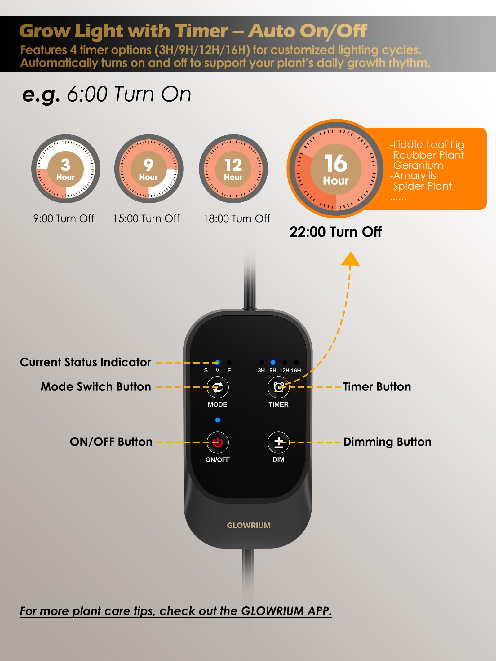 GLOWRIUM Luci per crescita per piante da appartamento, luce di crescita a LED a spettro completo, regolazione continua, 3 modalità di illuminazione e altezza regolabile, luce per piante con timer da 3