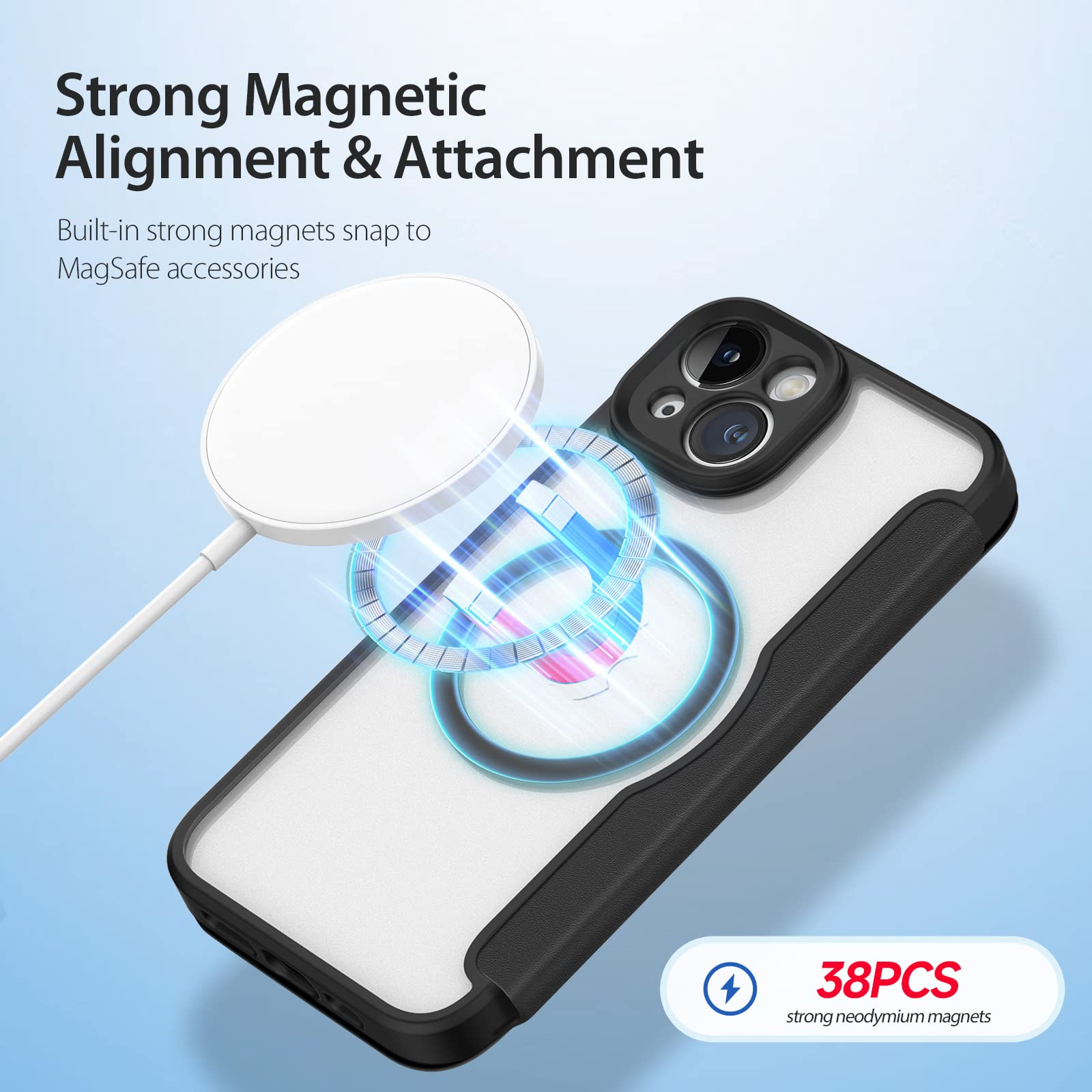 DUX DUCIS Magnetyczne etui na iPhone'a 14, etui na iPhone'a 13, [kompatybilne z MagSafe] Wysokiej jakości skóra przezroczysta, odporna na wstrząsy ochronna obudowa na telefon z uchwytem na karty (czarne)