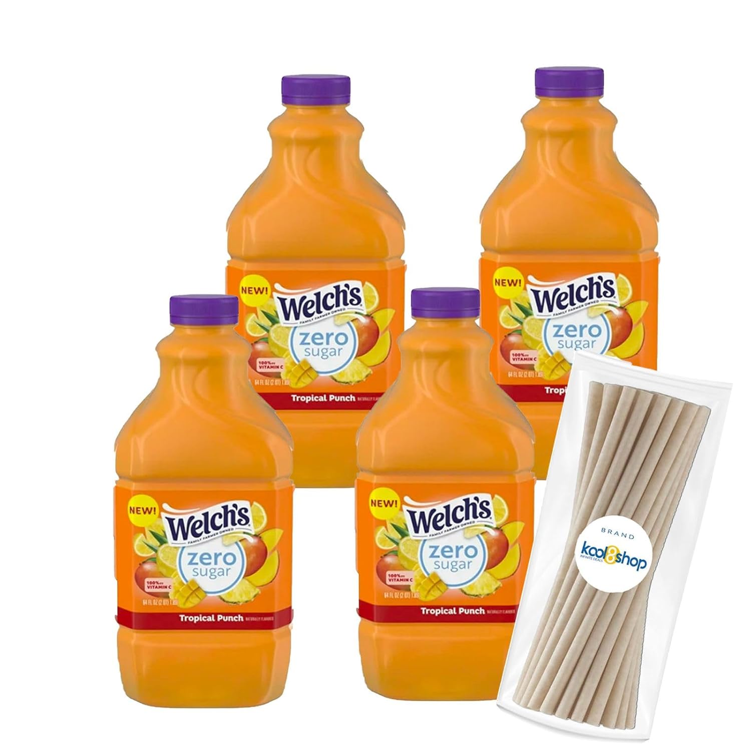 Welch's Zero Sugar Tropical Punch Fruit Juice Drink 64 fl oz Plastic Bottles 4 Pack + 15 Sugarcane Disposable Straws by KOOL8SHOP Infinite Deals
