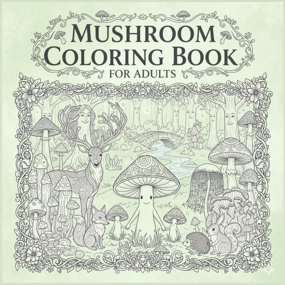 Mushroom coloring book for stress relief and mind clarity
