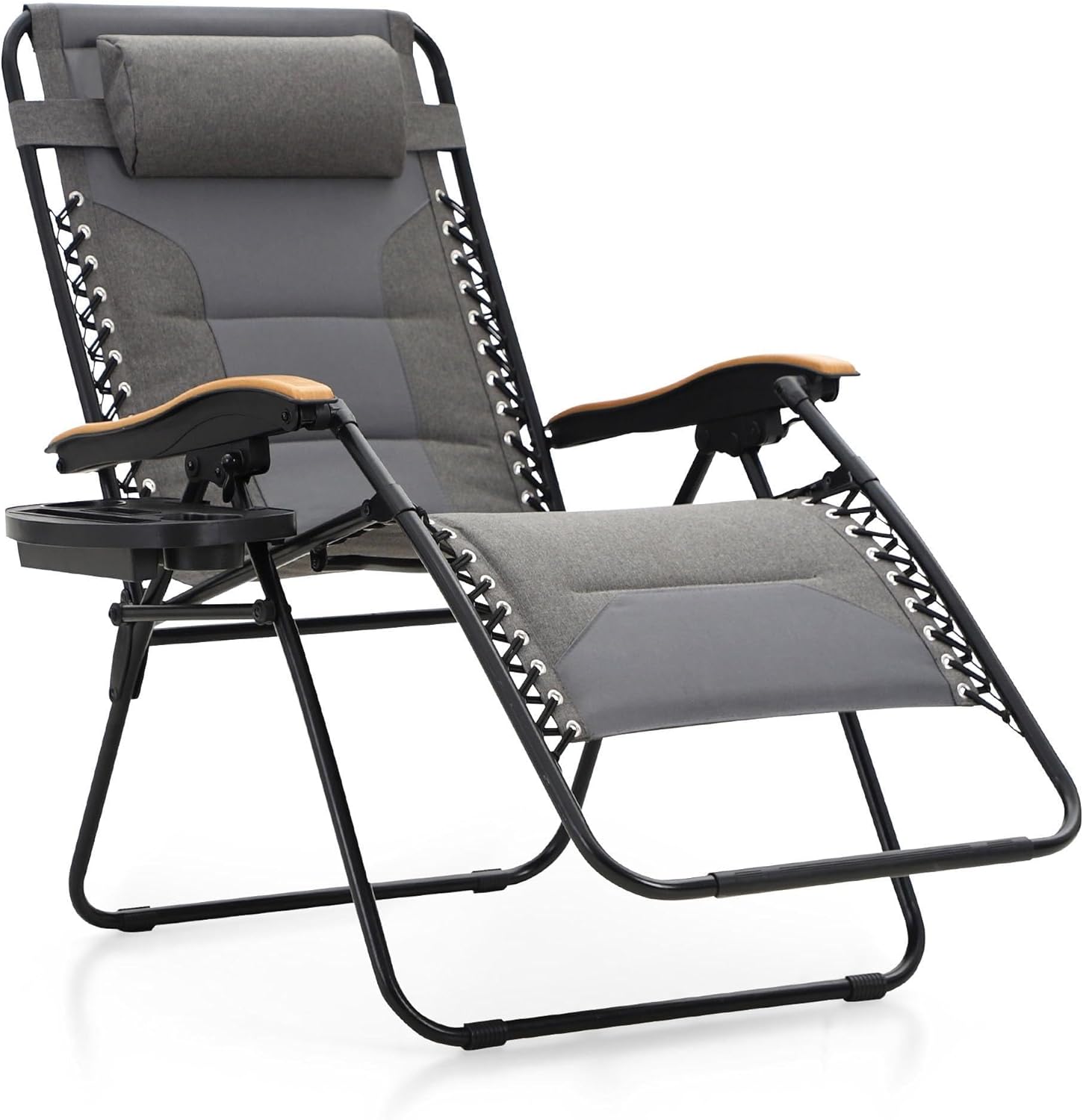 MFSTUDIO Zero Gravity Chairs, Oversized Patio Recliner Chair, Padded Folding Lawn Chair with Cup Holder Tray, Support 400lbs, Light Grey