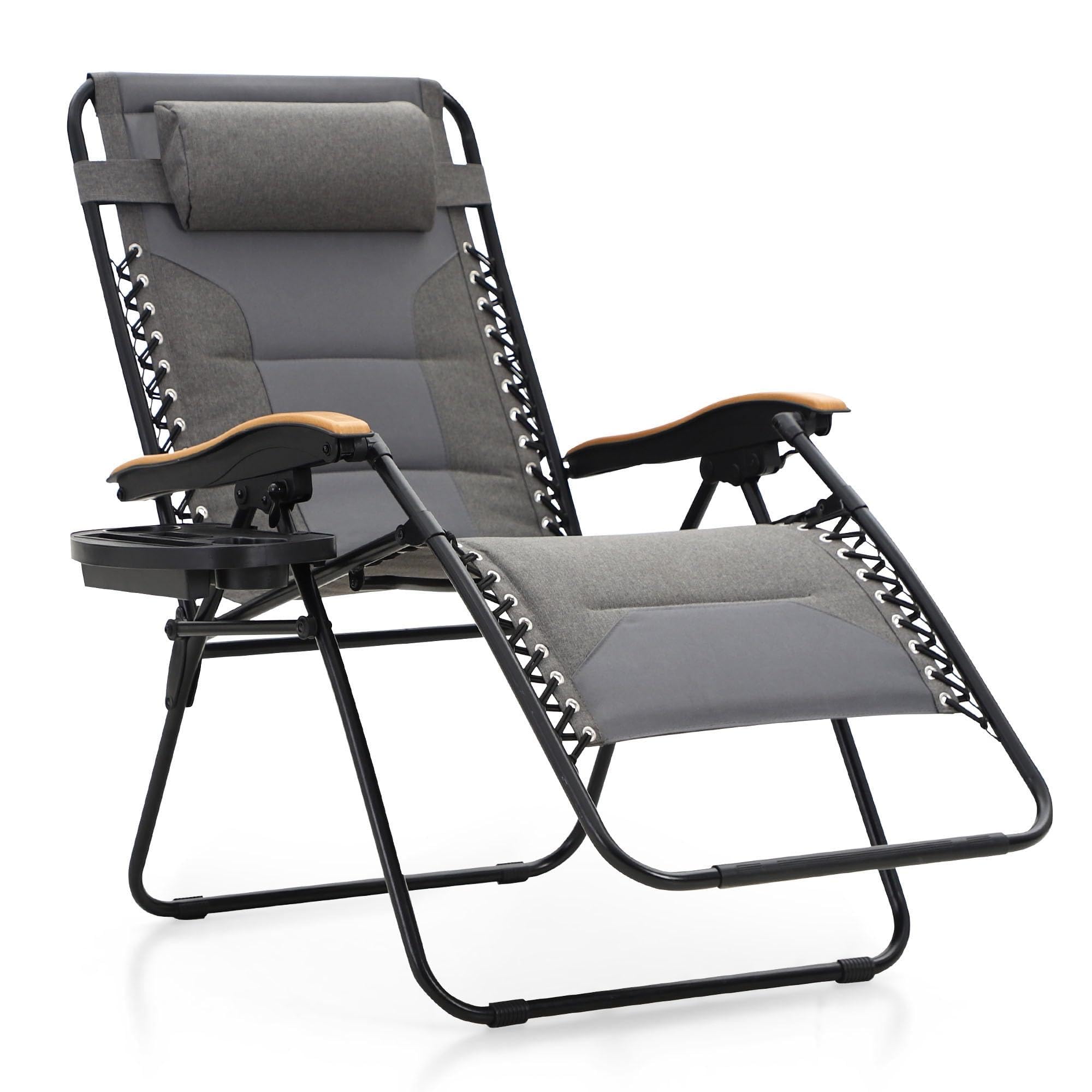 MFSTUDIO Zero Gravity Chairs, Oversized Patio Recliner Chair, Padded Folding Lawn Chair with Cup Holder Tray, Support 400lbs, Light Grey