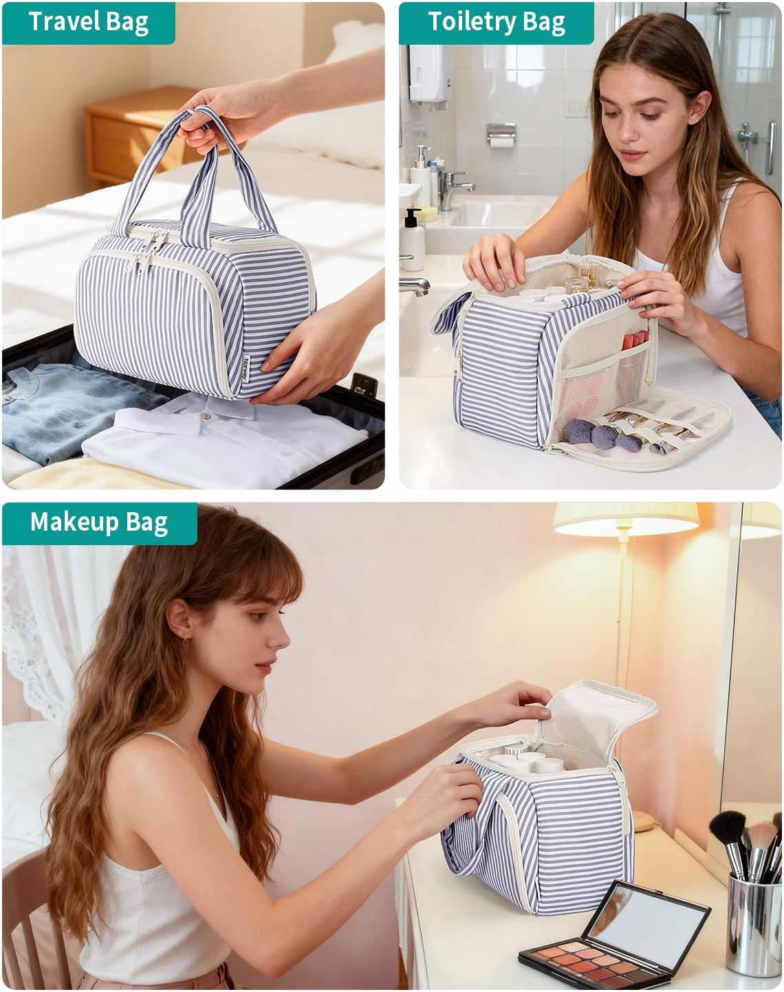 Narwey Striped Travel Toiletry Bag for Women Large Makeup Bag, Wide-open Cosmetic Make Up Organizer with Handle, Travel Bag for Toiletries, Essentials, Accessories (Greyish Blue Stripe)