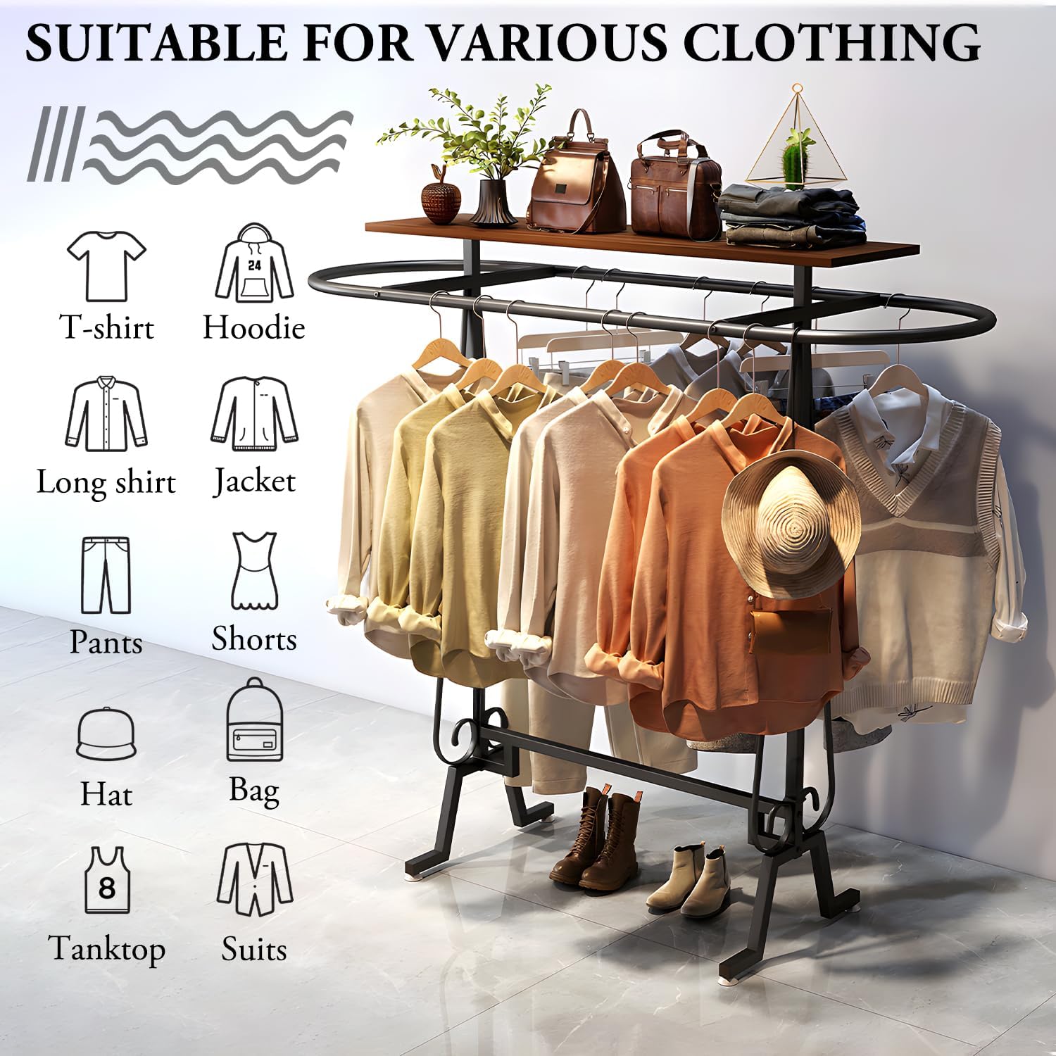 Round Clothing Rack, Round Clothing Racks for Retail, Floor Standing Metal Garment Rack w/Wheels, Large Clothing Display Rack for Hanging Clothes, for Bedrooms Boutiques Laundry Room, Black - Image 2