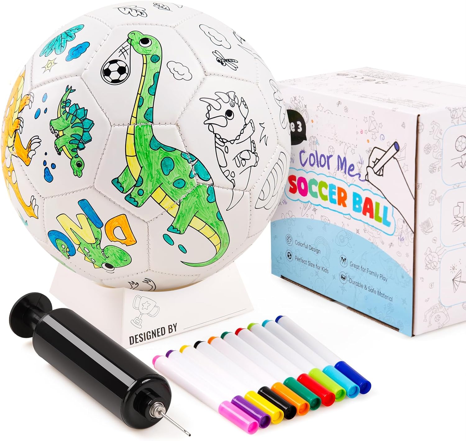 ZOOJOY Color Your Own Soccer Ball with Markers, Soccer Gifts for Girls Boys, Size 3 Dinosaur Paint Personalized Arts and Crafts Kit for Kids, Birthday Gift Easter Basket Stuffers Toys for Toddlers