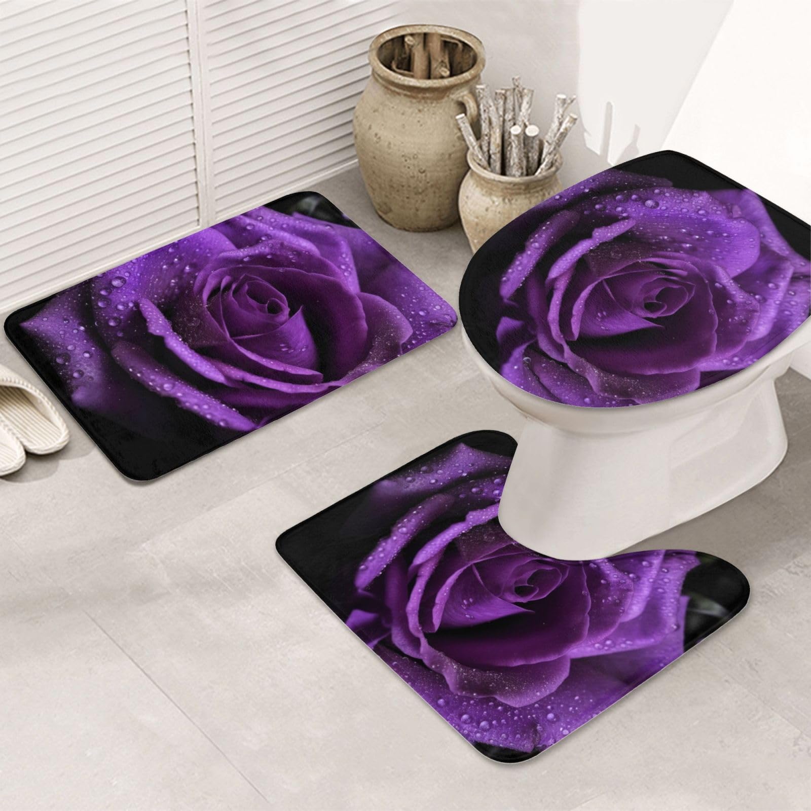 Tapis de bain de qualité OUSIKA motif rose violet tissu absorbant luxe