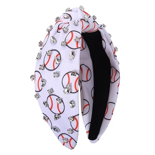 Miniatura 5 de Diadema de béisbol con diamantes de imitación anudada para mujer, estampado de baloncesto, fútbol, béisbol, banda ancha con nudo superior, diadema