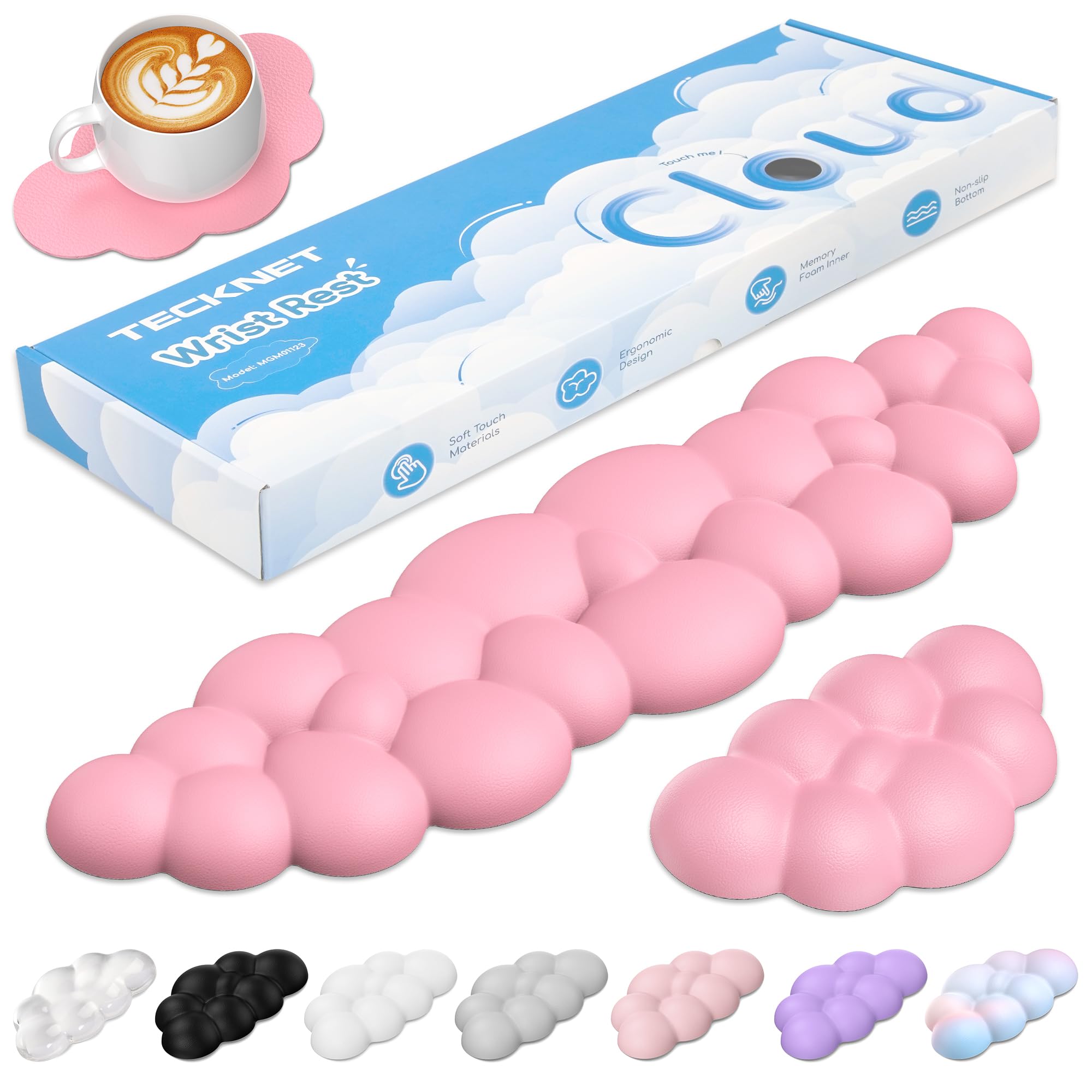 TECKNET Cloud Keyboard Wrist Rest Set, Cloud Wrist Rest with Non-Slip Base, PU Leather Wrist Pad for Keyboard with Ergonomic Memory Foam for Computer