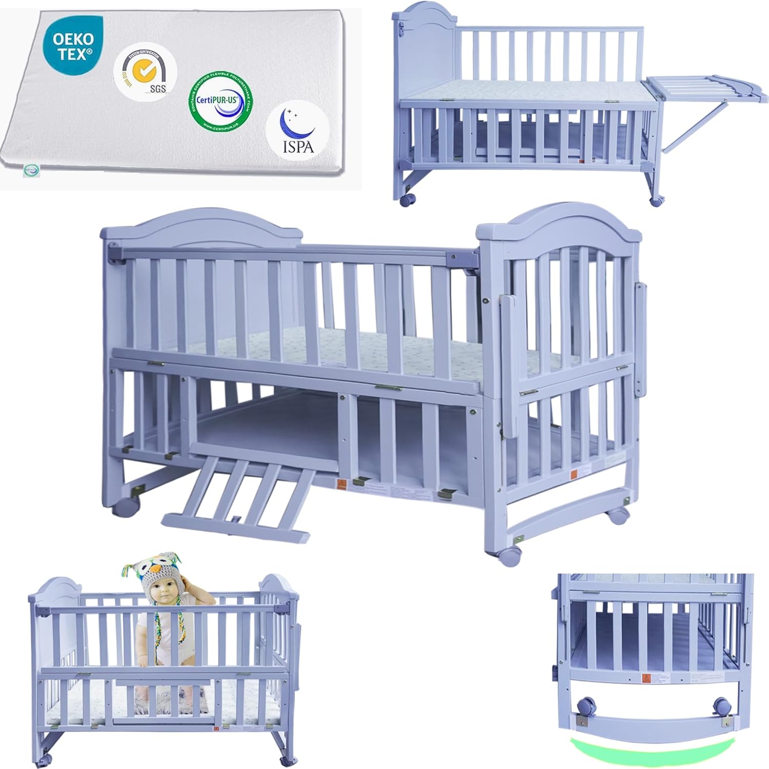 Portable Mini Baby Crib 4 in 1 with Memory Foam Mattress(38" by24) Included, Cunas para Bebes Convertible Crib with Foldable Storage Baby Playpen Bassinet Bedside Sleeper Bed (Gray)