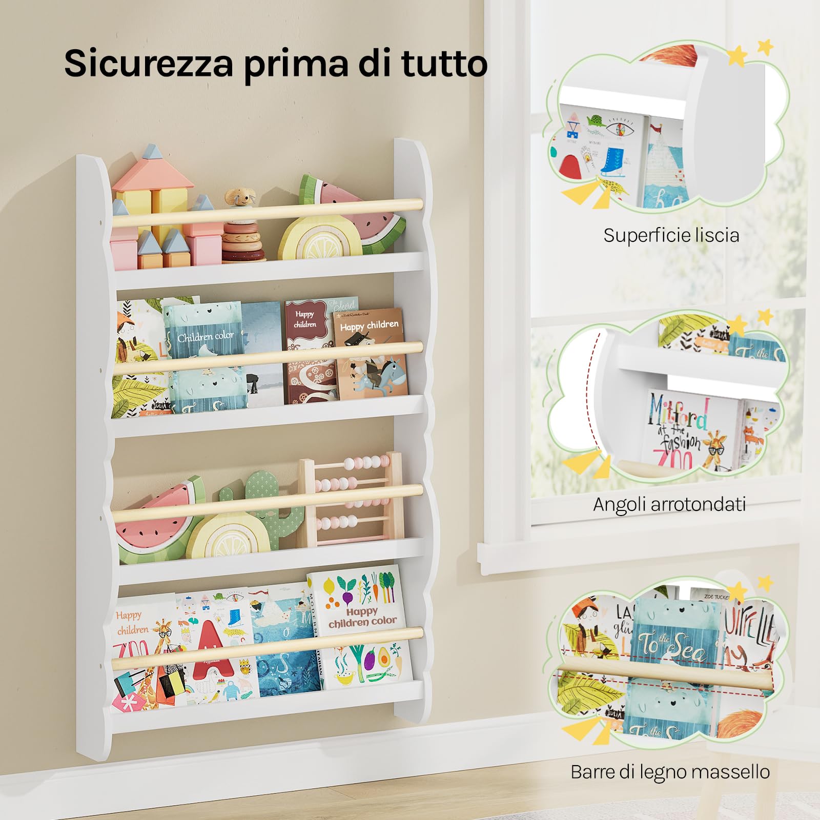 WOLTU Libreria da Parete per Bambini, Piccola Libreria Frontale a 4 Ripiani in Legno, Scaffale Porta Libri a Muro per Cameretta, Bianco, 60x14,5x98 cm