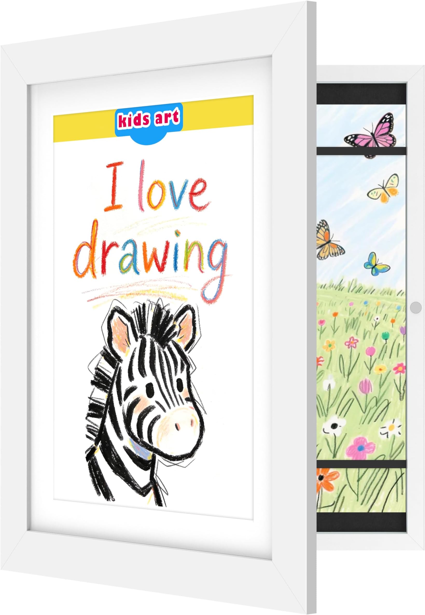 FrameWorks 10” x 12.5” White Wooden Kid Art Frame with Gallery Style Edges, Tempered Glass, and Elastic Straps