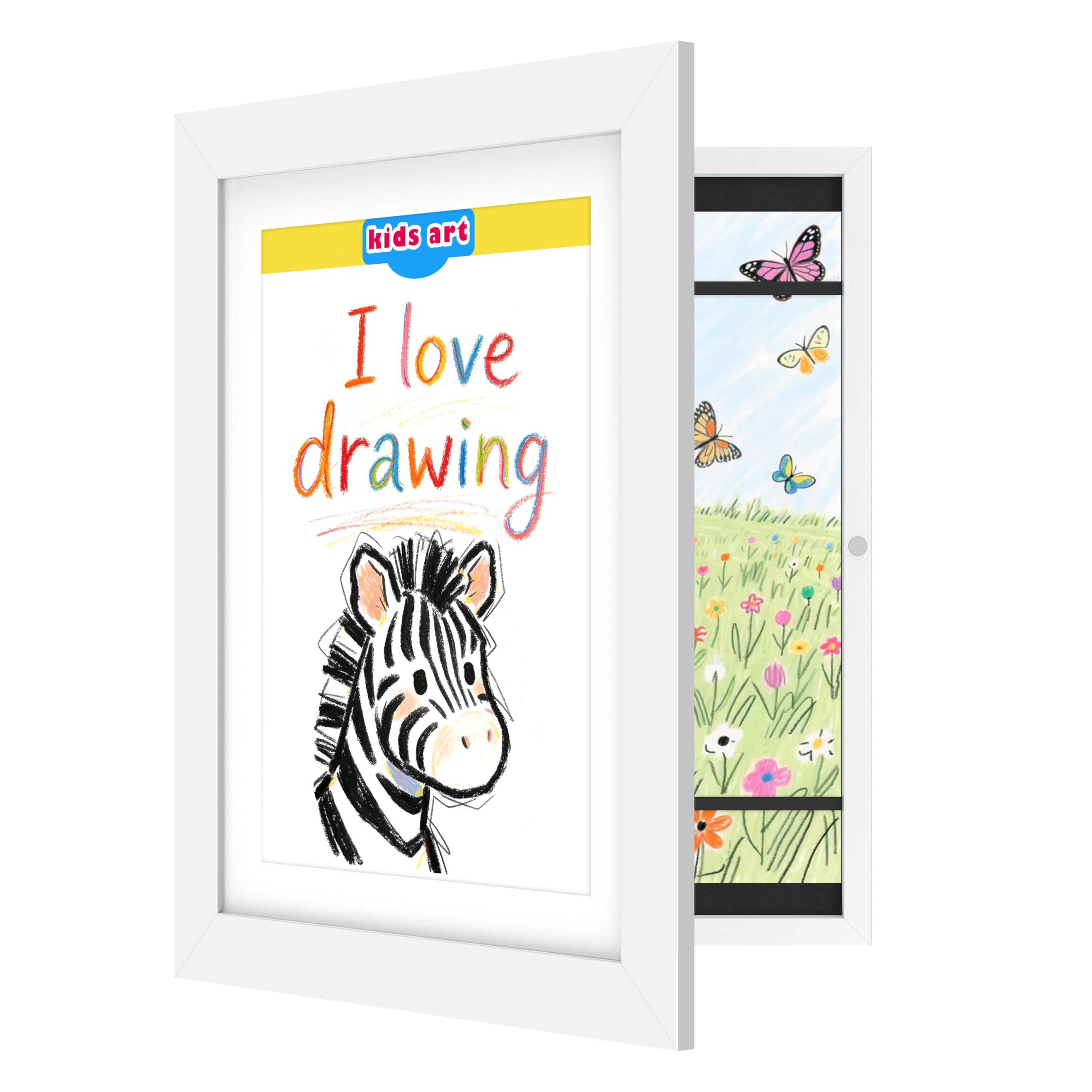 FrameWorks 10” x 12.5” White Wooden Kid Art Frame with Gallery Style Edges, Tempered Glass, and Elastic Straps
