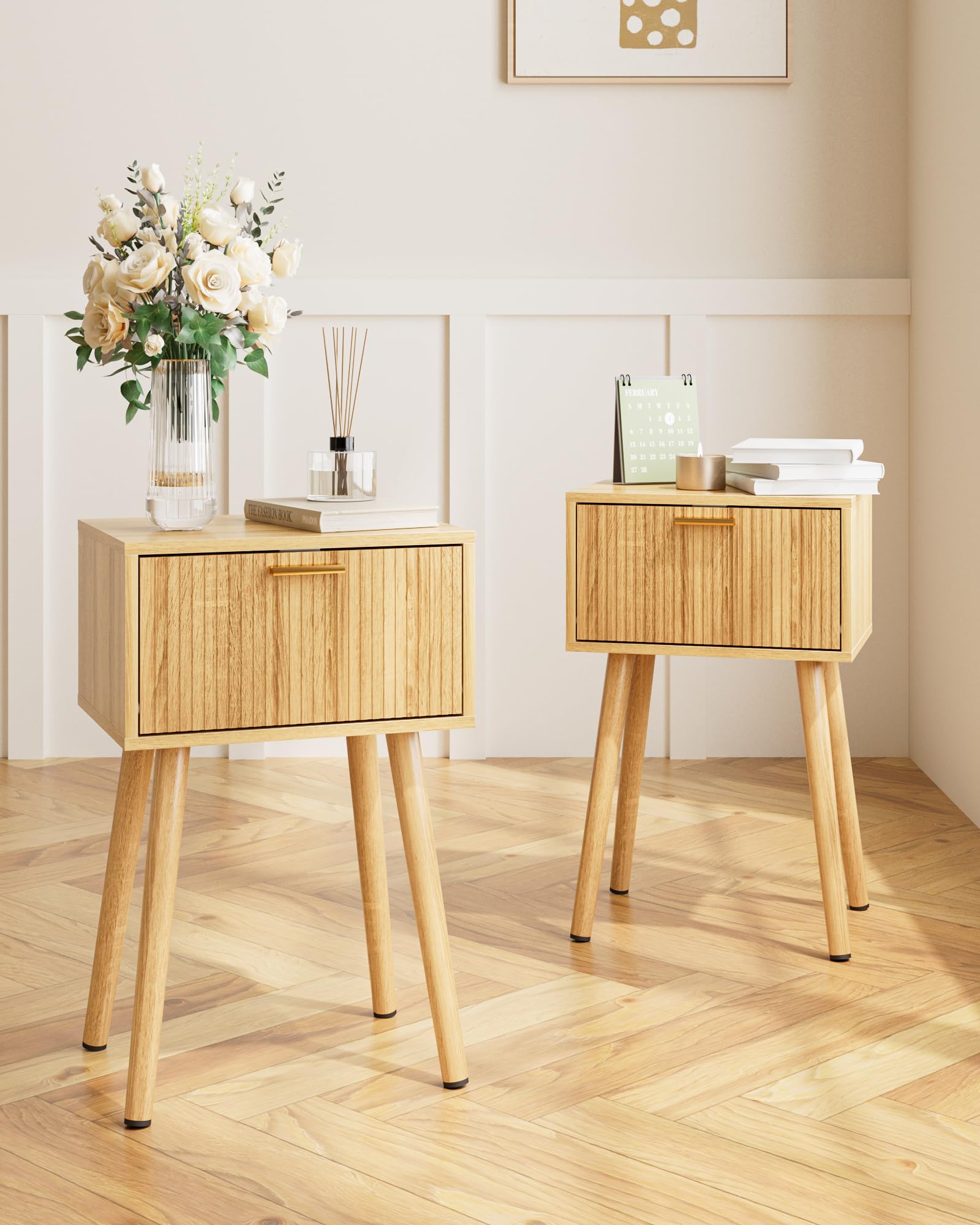 Photo 1 of ASACESCU Night Stand Set 2, Oak Nightstand with Fluted Doors, Small Modern Mid-Century Bedside Table for Bedroom, End Table for Living Room