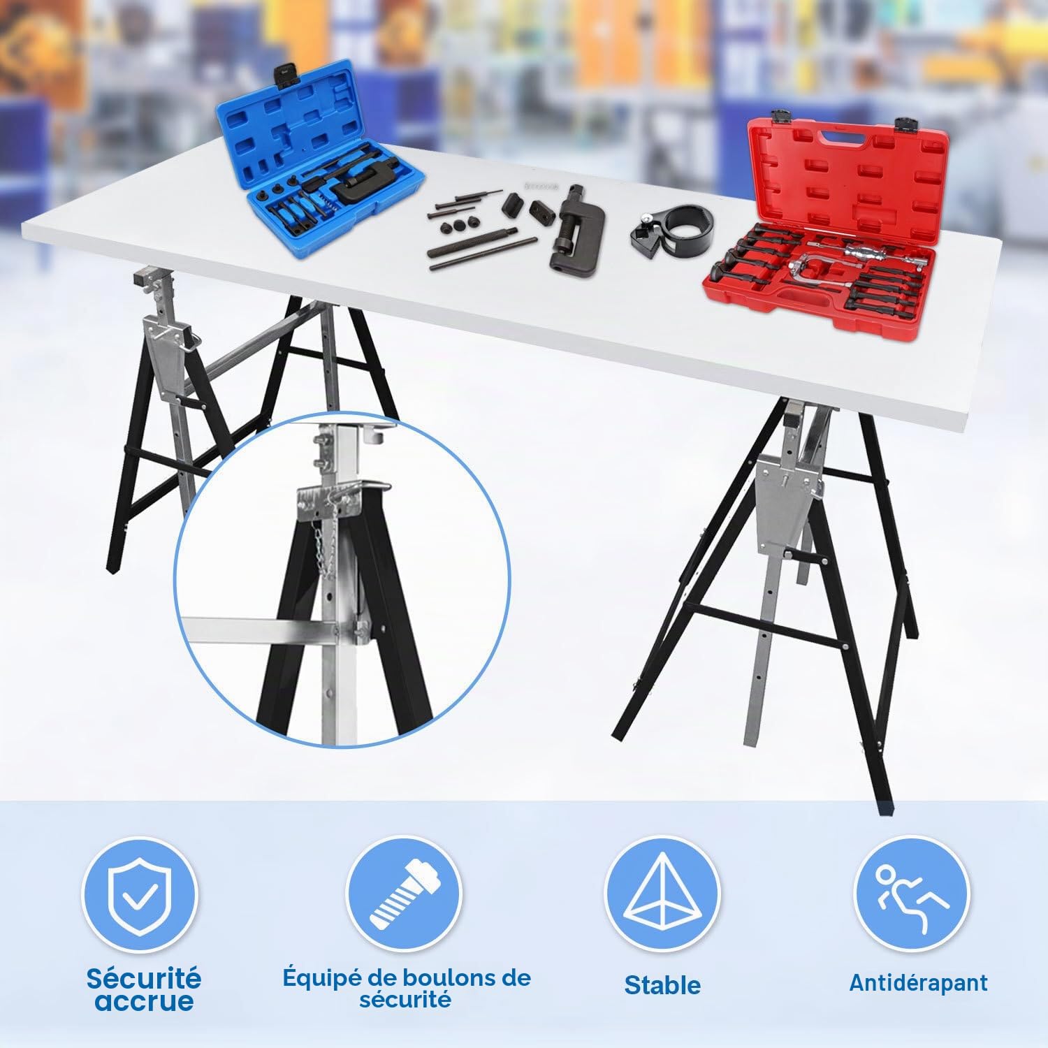 Lot de 2 tréteaux de travail réglables en hauteur sur 7 niveaux (80-130 cm), Tréteau d'échafaudage 400 kg par paire, pliable pour la maison, l'atelier et le jardin, noir